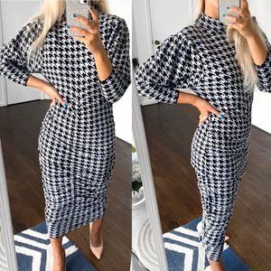 ZARA Black & White Houndstooth Jacquard Draped Wiggle Knit Midi Dress NWT Size S